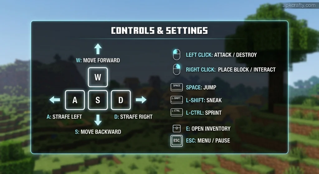 key controls of Minecraft APK for PC